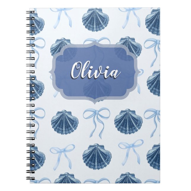 Chic Blue Coastal Shells and Bows Personalized Notizblock (Vorderseite)