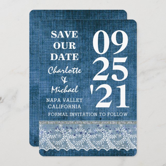 Chic Blue Denim Lace Modern Save the Date Einladung (Vorne/Hinten)
