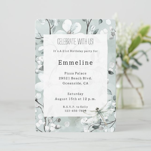 Chic Blue Dragonfly Dream Floral Geburtstag Einladung (Stehend Vorderseite)