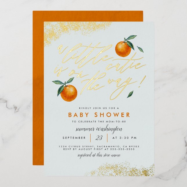 Chic Blue Eine kleine Süsse Orange Baby Dusche Folieneinladung (Vorderseite/Rückseite)