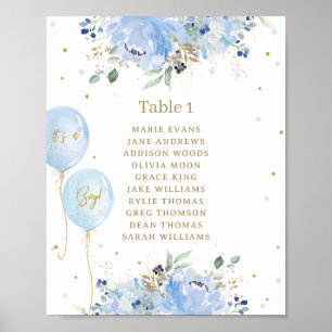 Chic Blue Floral Balloons Babydusche Sitzgelegenhe Poster