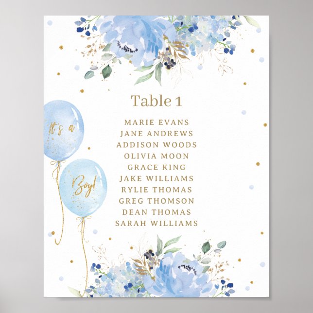 Chic Blue Floral Balloons Babydusche Sitzgelegenhe Poster (Vorne)