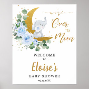 Chic Blue Floral Elephant Moon Baby Dusche Willkom Poster