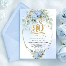 Chic Blue Floral Eucalyptus Gold 90th Birthday Einladung