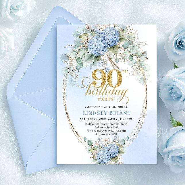 Chic Blue Floral Eucalyptus Gold 90th Birthday  Einladung (Chic Blue Floral Eucalyptus Gold 90th Birthday Invite)