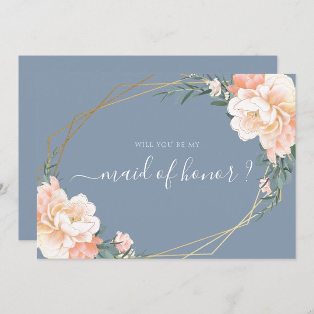Chic Blue Floral Gold werden Sie meine Trauzeugin  Einladung (Vorne/Hinten)