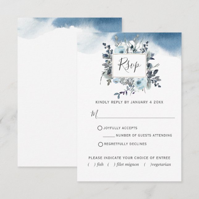 Chic Blue Floral mit/aus Mahlzeiten Wasserfarbe RSVP Karte (Vorne/Hinten)