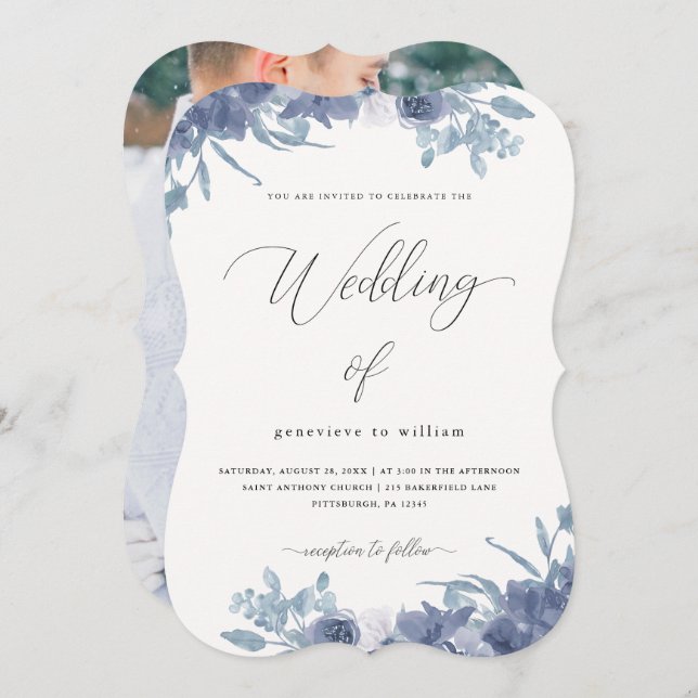 Chic Blue Floral mit Calligrafy Foto Wedding Einladung