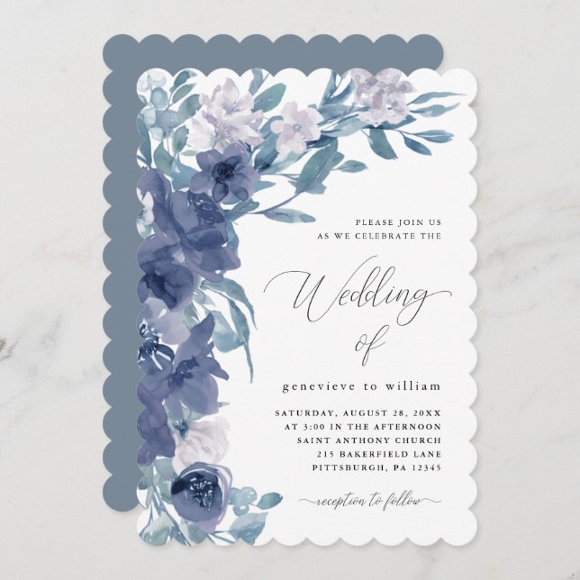 Chic Blue Floral mit Calligrafy Wedding Einladung (Vorne/Hinten)