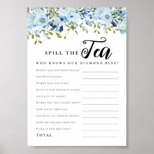 Chic Blue Floral Spill The Tee Brautparty Game Poster