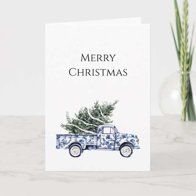 Chic Blue Floral Truck Weihnachtsbaum Karte (Vorderseite)