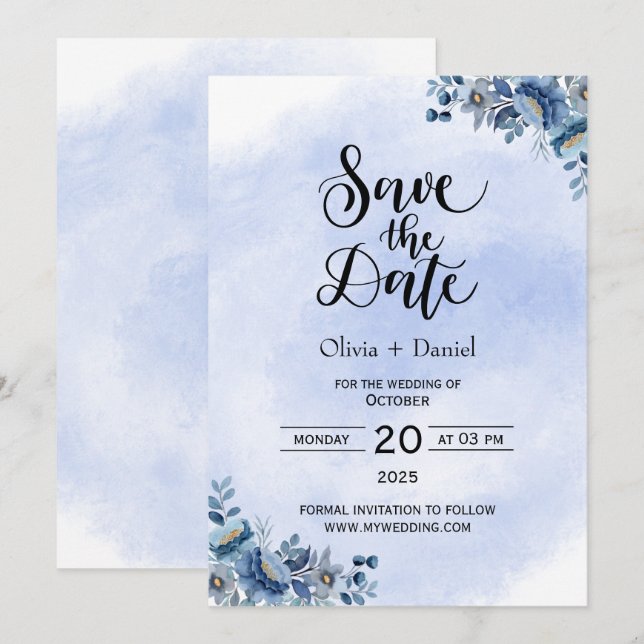 Chic Blue Floral Wedding Save the Date Einladung (Vorne/Hinten)