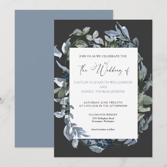 Chic Blue Floral Wreath Wedding Einladung (Vorne/Hinten)