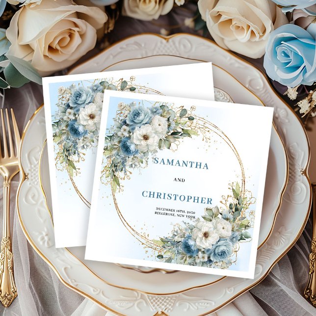 Chic Blue Flowers Gold Frame Wedding Napkins Serviette (Chic Blue Flowers Gold Frame Wedding Napkins)