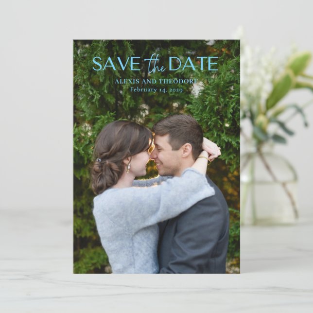 Chic Blue Foto Moderne Hochzeit Save The Date (Stehend Vorderseite)