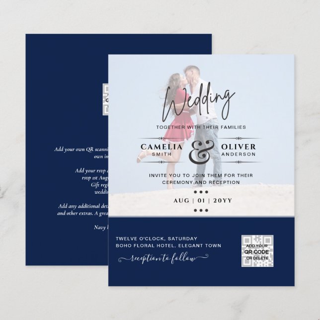 Chic Blue Foto Wedding Invite QR Code Rett Datum (Vorne/Hinten)