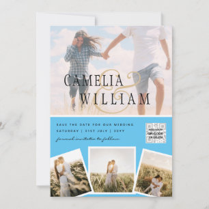 Chic Blue Foto Wedding Invite QR Code Rett Datum Einladung