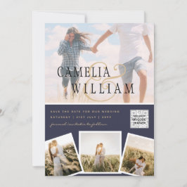 Chic Blue Foto Wedding Invite QR Code Rett Datum  Einladung