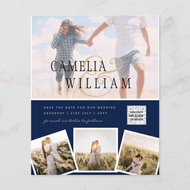 Chic Blue Foto Wedding Invite QR Code Rett Datum Flyer (Vorne)