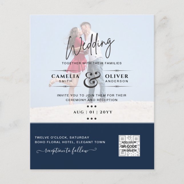 Chic Blue Foto Wedding Invite QR Code Rett Datum Flyer (Vorne)