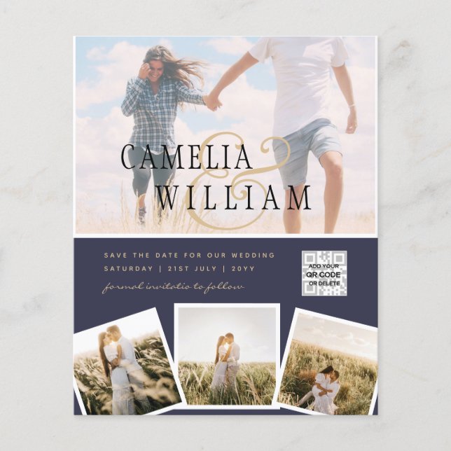 Chic Blue Foto Wedding Invite QR Code Rett Datum Flyer (Vorne)