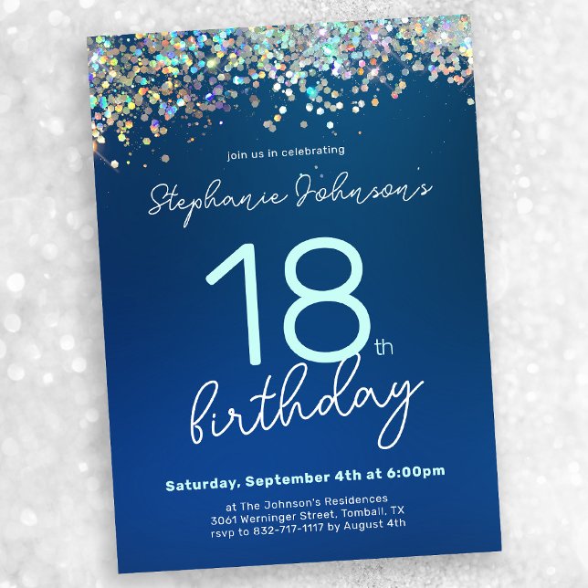 Chic Blue Glitzer 18. Geburtstagsparty Einladung (Chic Blue Glitter 18th Birthday Party Invitation)