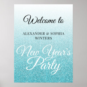 Chic Blue Glitzer New Years Party Willkommen Poster