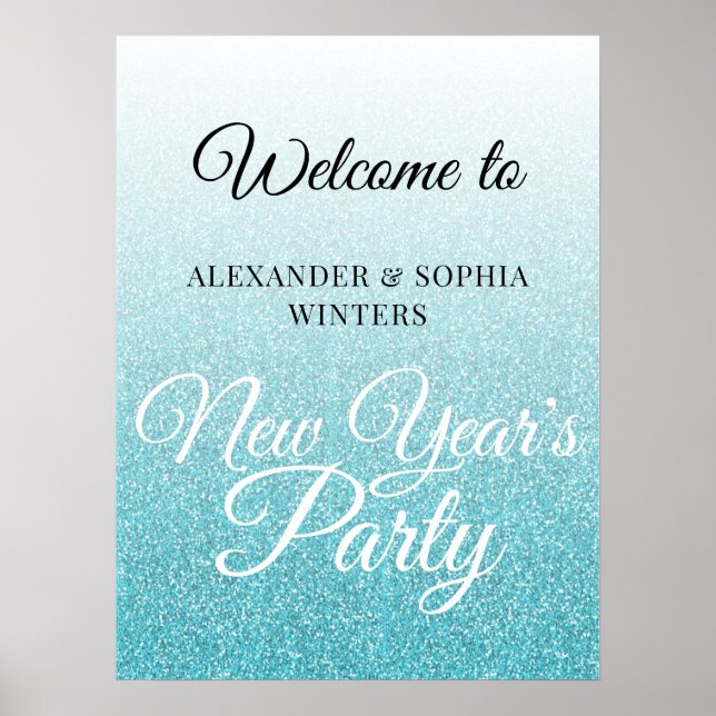 Chic Blue Glitzer New Years Party Willkommen Poster (Vorne)
