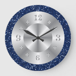 Chic Blue Glitzer Silber Zahlen Große Uhr