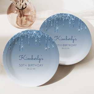 Chic Blue Glitzer Tropfen 50. Geburtstagsparty Pappteller