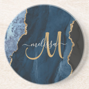 Chic Blue Gold Agate Script Monogram Custom Getränkeuntersetzer