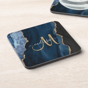 Chic Blue Gold Agate Script Monogram Custom Getränkeuntersetzer