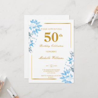 Chic Blue & Gold Floral 50. Geburtstag Einladung