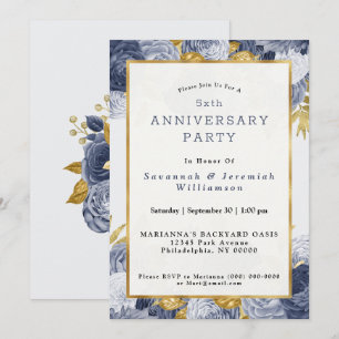 Chic Blue Gold Floral Anpassbare Jahrestag Einladung
