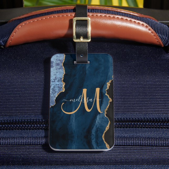 Chic Blue Gold Glitzer Agate Custom Monogram Gepäckanhänger (Vorderseite Insitu 2)