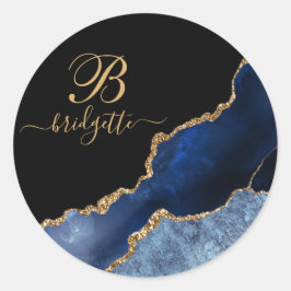Chic Blue Gold Glitzer Agate Geode Monogram Black Runder Aufkleber