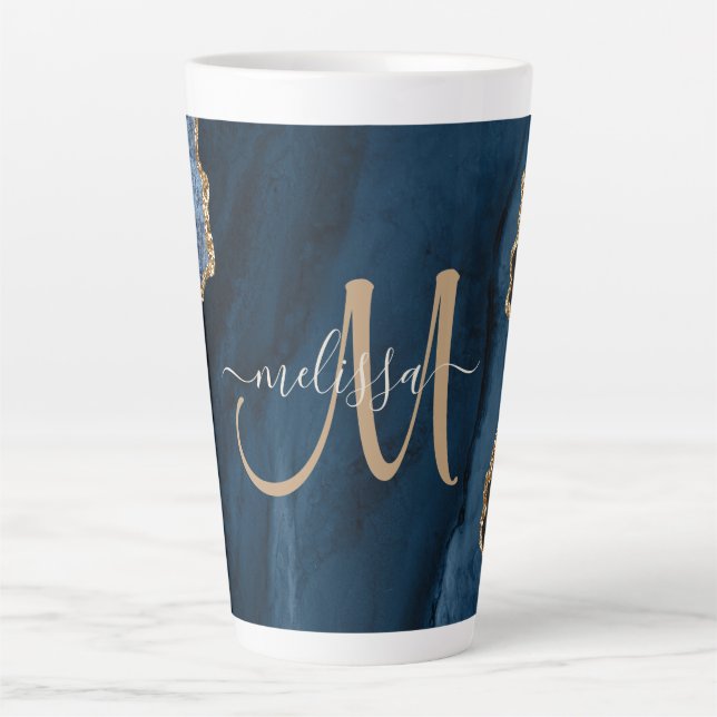 Chic Blue Gold Glitzer Agate Marble Monogram Milchtasse (Vorderseite)