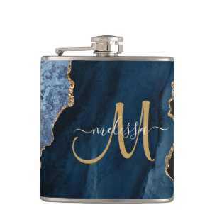 Chic Blue Gold Glitzer Agate Monogram Name Flachmann
