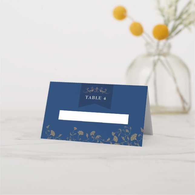 Chic Blue Gold Library Chapter Hochzeit Platzkarte (Vorderseite)