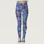 Chic Blue Gold Menorah Star von David Hanukkah Leggings<br><div class="desc">Diese Leggings sind mit einem schicken Muster aus Gold,  grünen und lila Menorah und Goldstar von David auf einem blauen Hintergrund ausgestattet.  Entworfen von dem weltbekannten Künstler Tim Coffey.</div>