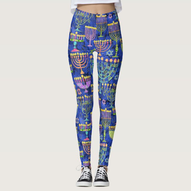 Chic Blue Gold Menorah Star von David Hanukkah Leggings (Vorderseite)