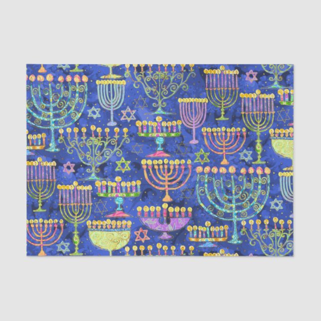 Chic Blue Gold Menorah Star von David Hanukkah Seidenpapier (Vorderseite)