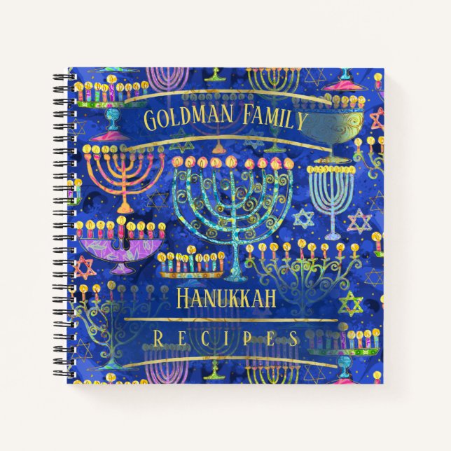 Chic Blue Gold Menorah Star von David Recipe Notizbuch (Vorderseite)