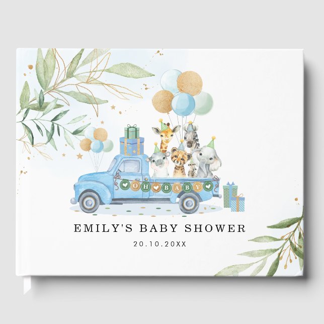 Chic Blue Gold Safari Jungle Animals Baby Dusche Gästebuch (Vorderseite)
