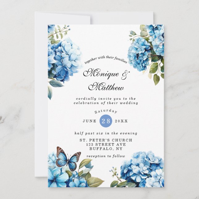 Chic Blue Hydrangea Butterfly Hochzeit Einladung (Vorderseite)