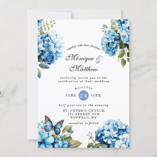 Chic Blue Hydrangea Butterfly Hochzeit Einladung