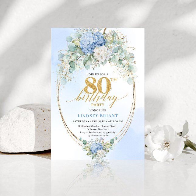 Chic Blue Hydrangea Eucalyptus 80th Birthday Invit Einladung (Chic Blue Hydrangea Eucalyptus 80th Birthday Invitation)