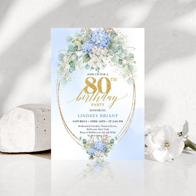 Chic Blue Hydrangea Eucalyptus Gold 80th Birthday  Einladung (Chic Blue Hydrangea Eucalyptus 80th Birthday Invite)