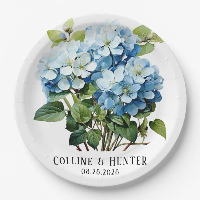 Chic Blue Hydrangea Floral Wedding Pappteller (Vorderseite)