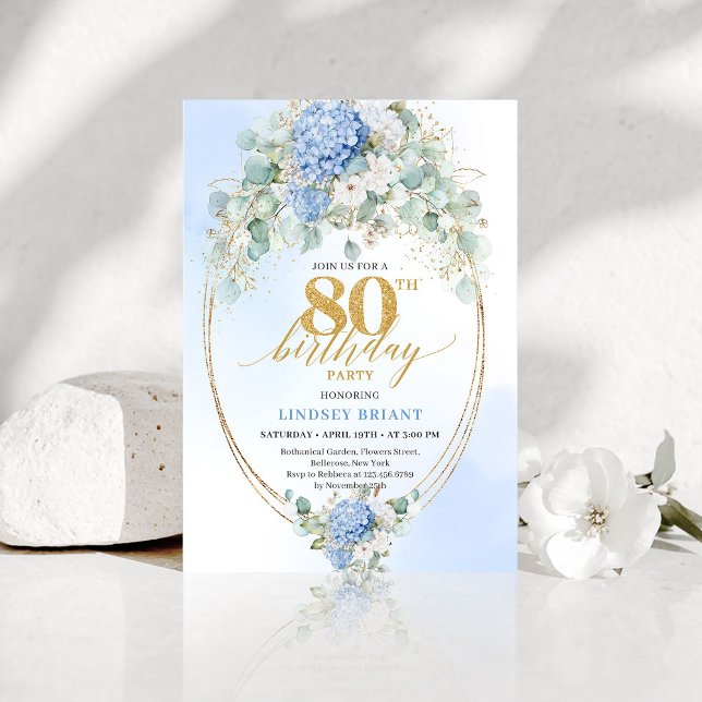 Chic Blue Hydrangeas Gold Floral 80th Birthday Einladung (Chic Blue Hydrangea Gold Floral 80th Birthday Invitation)